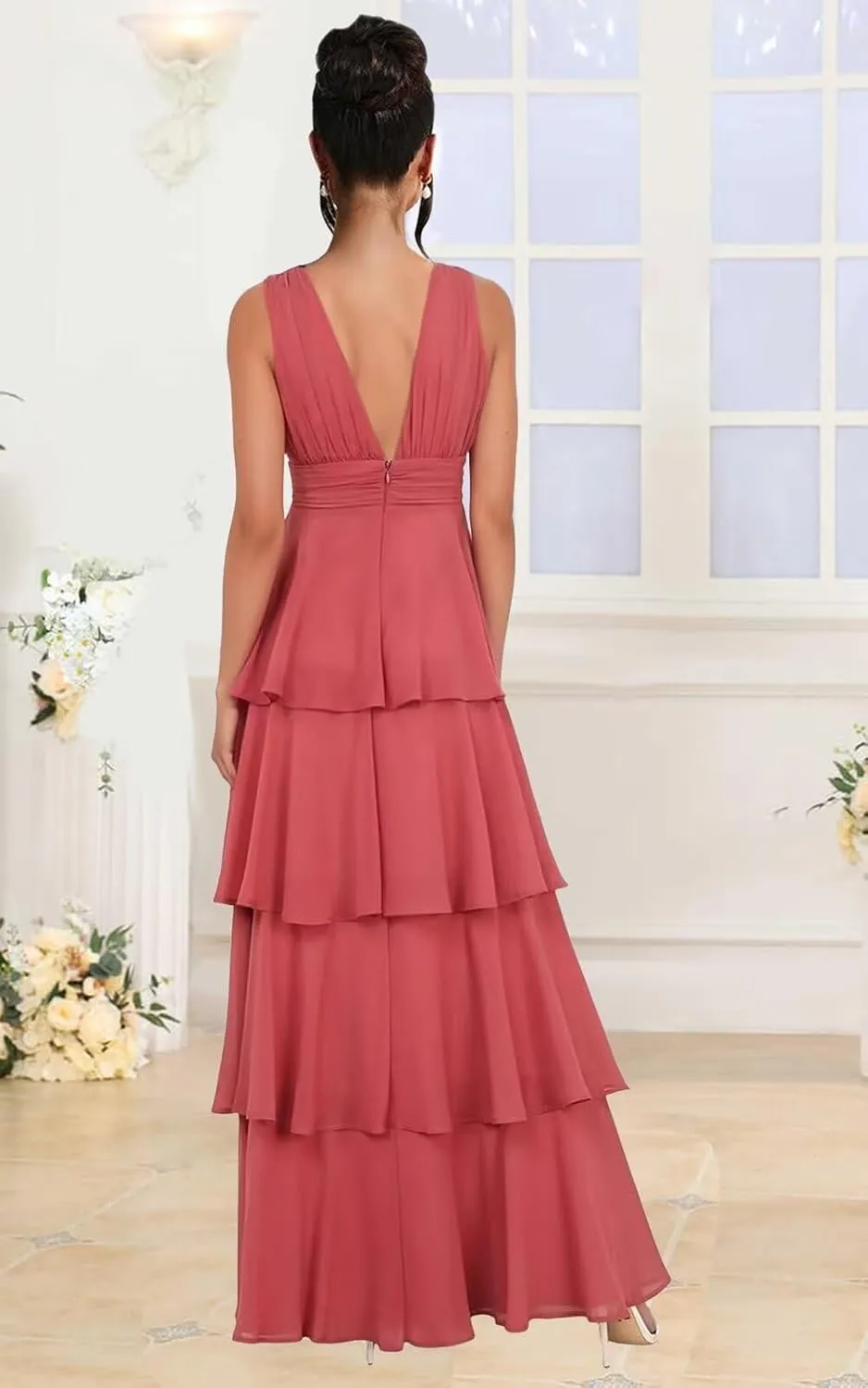 Tiered Ruffle Chiffon Bridesmaid Dresses for Women 2025 A Line V Neck Formal Evening Party Dress Long