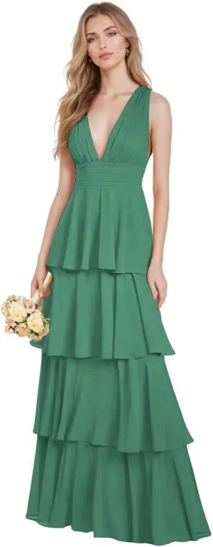 Tiered Ruffles Chiffon Bridesmaid Dresses Long for Women Wedding Formal Evening Dresses