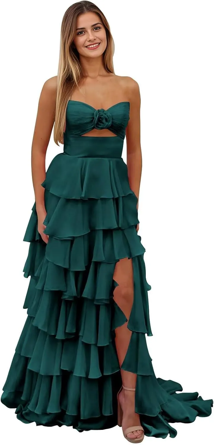 Tiered Strapless Prom Dress with Slit for Women Chiffon Ruffle Long Formal Evening Gowns