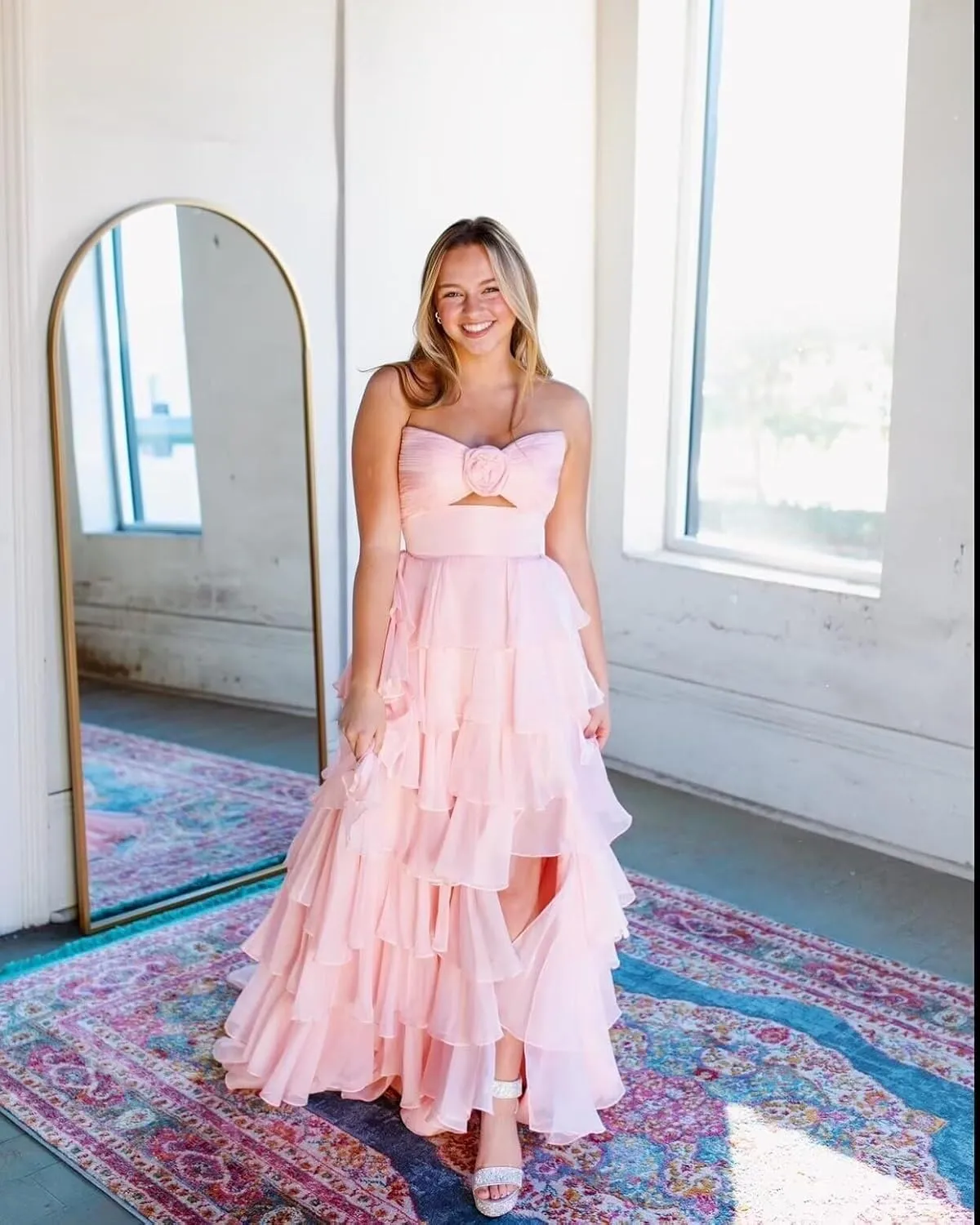 Tiered Strapless Prom Dress with Slit for Women Chiffon Ruffle Long Formal Evening Gowns