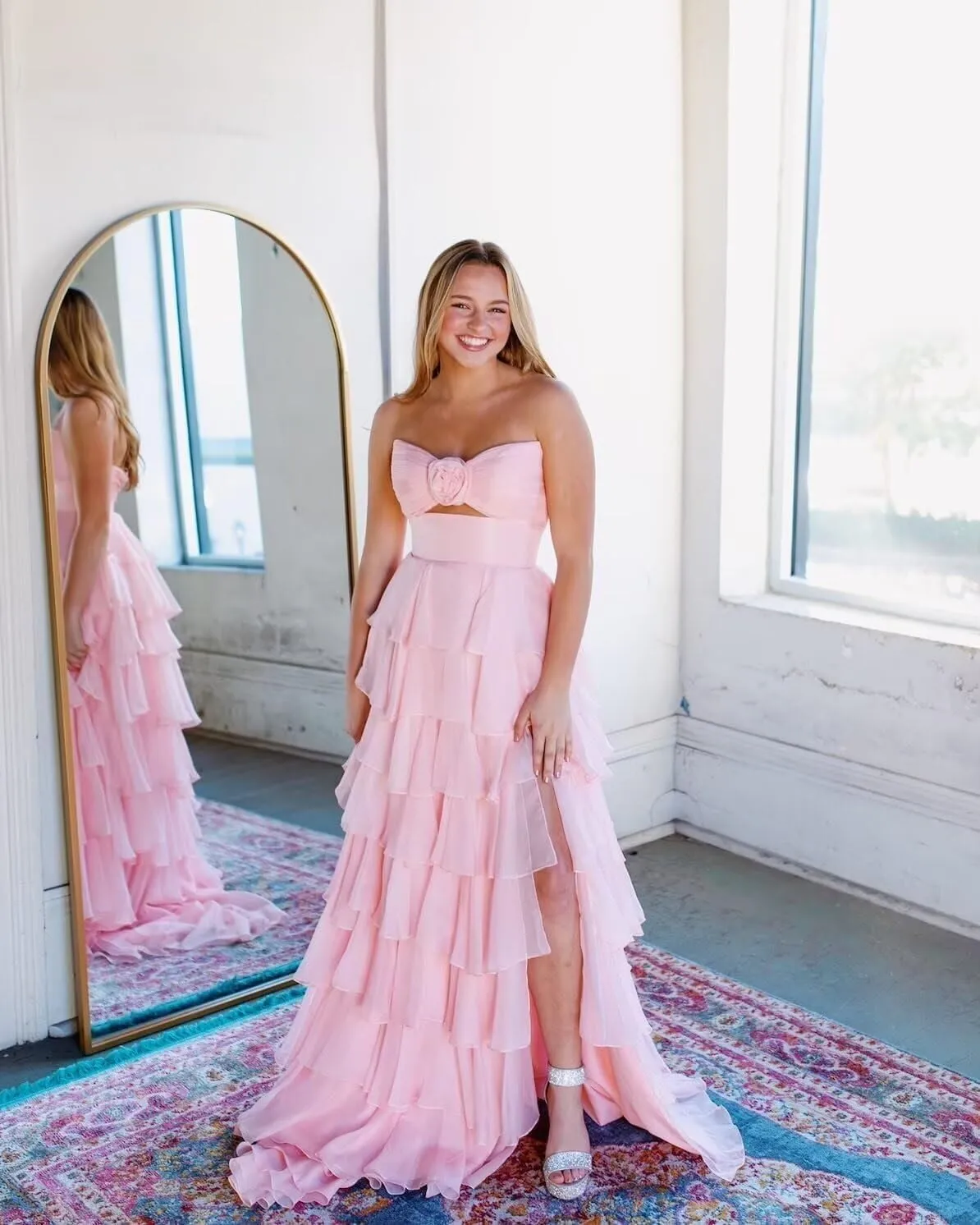 Tiered Strapless Prom Dress with Slit for Women Chiffon Ruffle Long Formal Evening Gowns