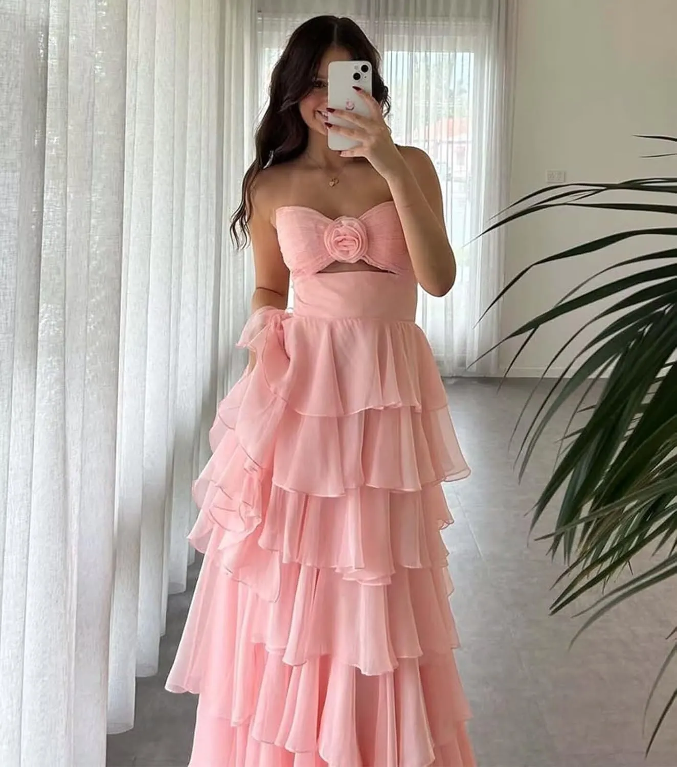 Tiered Strapless Prom Dress with Slit for Women Chiffon Ruffle Long Formal Evening Gowns