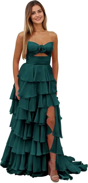 Tiered Strapless Prom Dress with Slit for Women Chiffon Ruffle Long Formal Evening Gowns