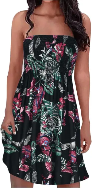 Tube Top Dress Women 2024 Sexy Boho Floral Print Sleeveless Short Sundress Elastic Waist Strapless Beach Mini Dress