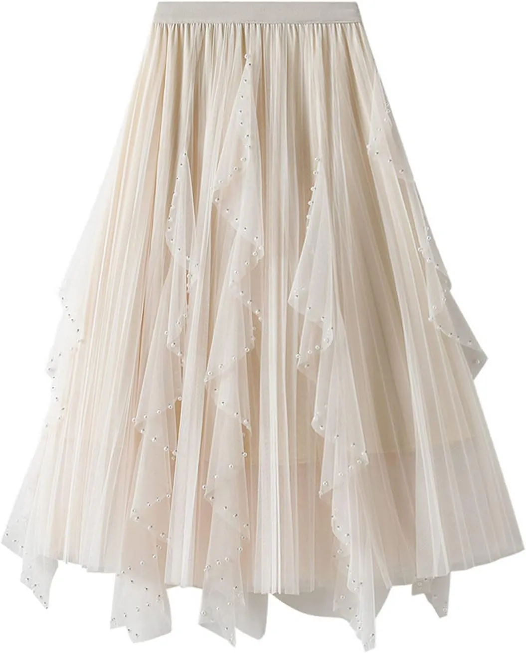 tuduoms Spring Fairy Pleated Tulle Skirts Teen Girls Ruffle Tiered Long Skirts High Waist Party Prom Mesh Flowy Midi Skirt