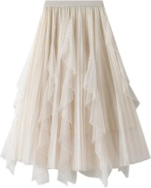 tuduoms Spring Fairy Pleated Tulle Skirts Teen Girls Ruffle Tiered Long Skirts High Waist Party Prom Mesh Flowy Midi Skirt