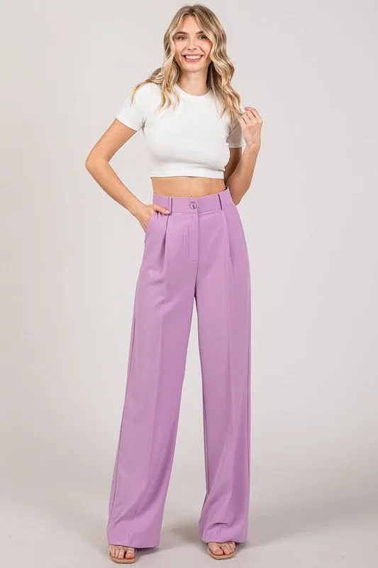 Twill Wide Leg High Waisted Long Pants