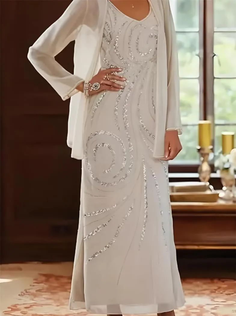 Two Pieces Mother of The Bride Dresses with Jacket Women's Sequins Long Sleeves Formal Evening Gowns WLJ130
