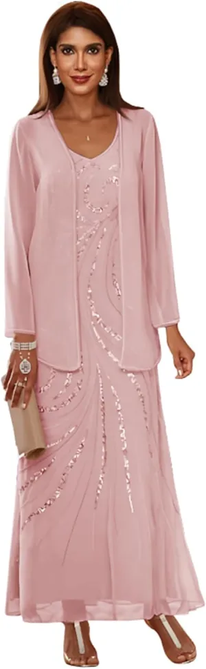 Two Pieces Mother of The Bride Dresses with Jacket Women's Sequins Long Sleeves Formal Evening Gowns WLJ130