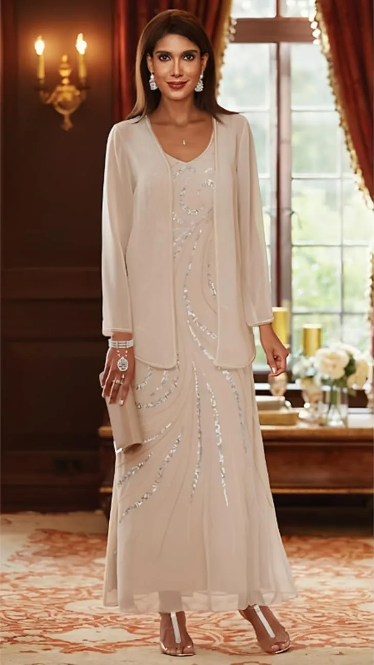 Two Pieces Mother of The Bride Dresses with Jacket Women's Sequins Long Sleeves Formal Evening Gowns WLJ130