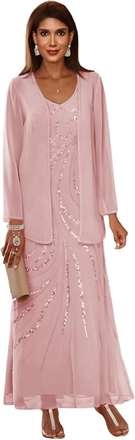 Two Pieces Mother of The Bride Dresses with Jacket Women's Sequins Long Sleeves Formal Evening Gowns WLJ130
