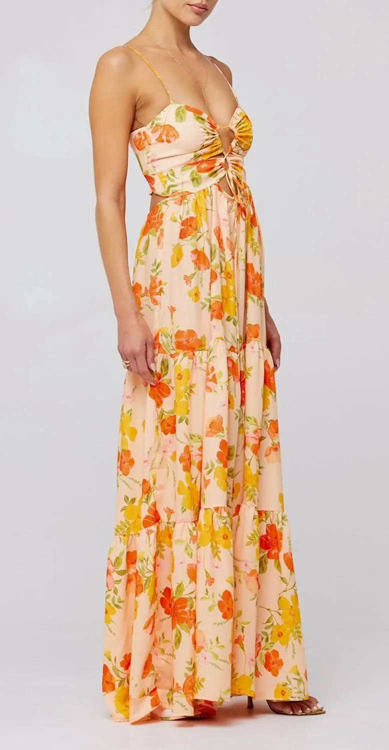 UAURORAO Women Tie Front Floral Maxi Dress Spaghetti Strap V Neck Cut Out Long Dress with Bow Wedding Guest Party Gown