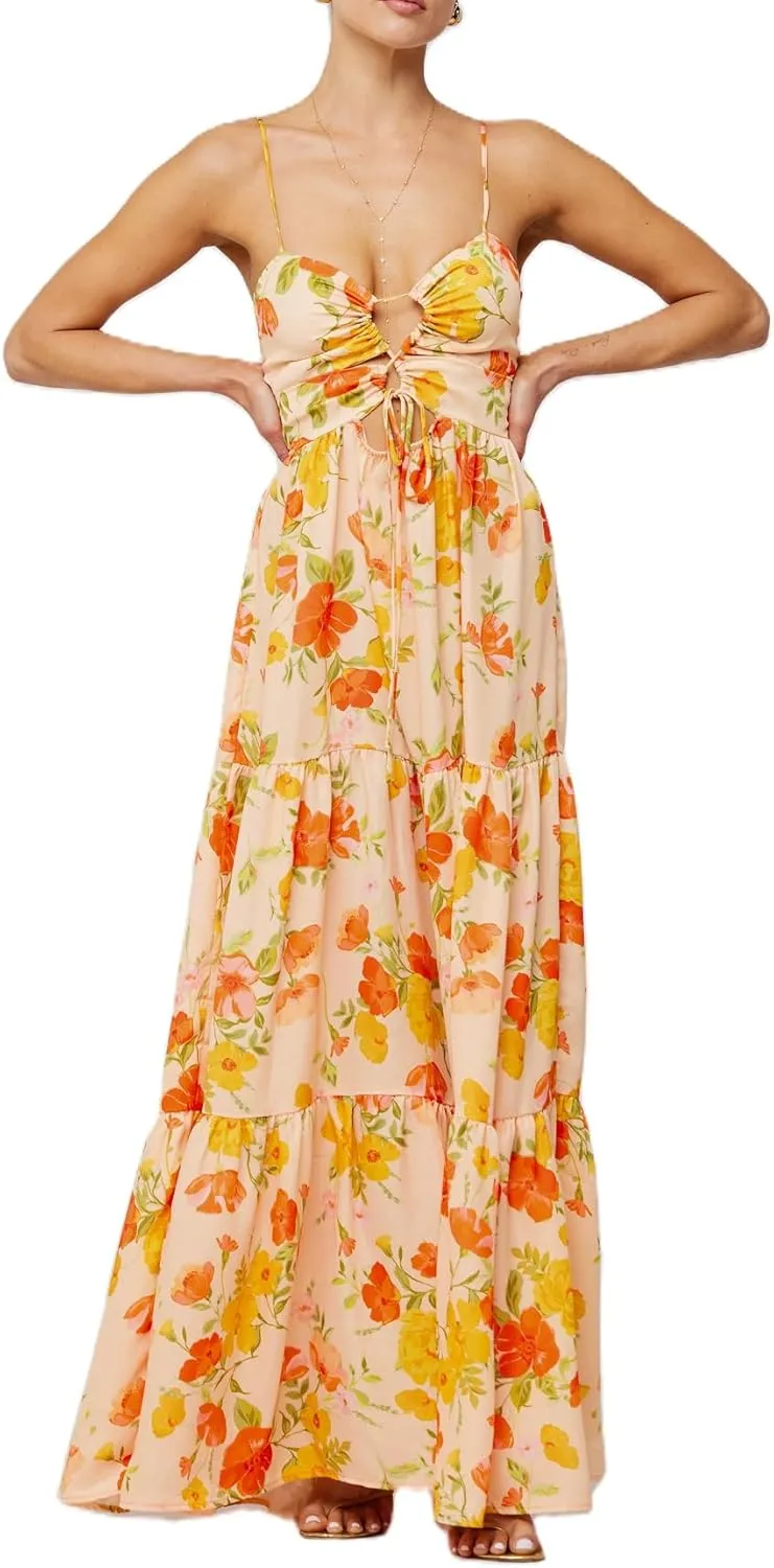 UAURORAO Women Tie Front Floral Maxi Dress Spaghetti Strap V Neck Cut Out Long Dress with Bow Wedding Guest Party Gown