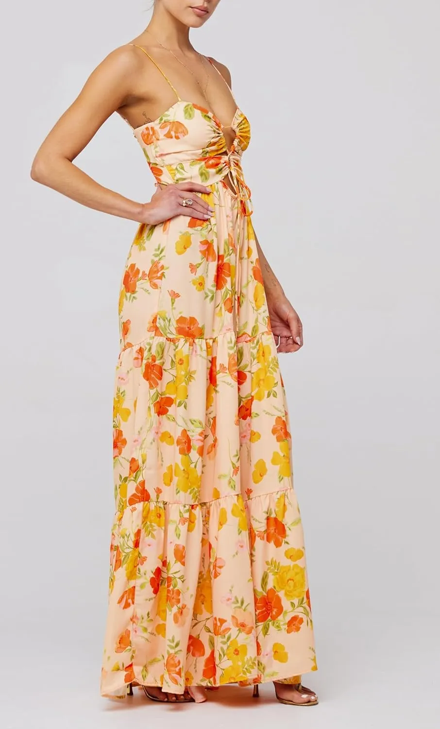 UAURORAO Women Tie Front Floral Maxi Dress Spaghetti Strap V Neck Cut Out Long Dress with Bow Wedding Guest Party Gown