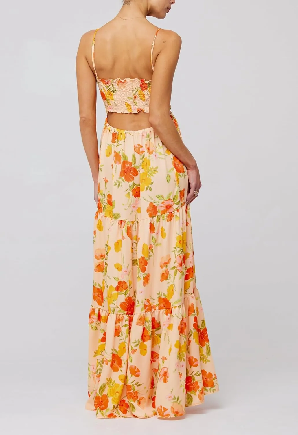 UAURORAO Women Tie Front Floral Maxi Dress Spaghetti Strap V Neck Cut Out Long Dress with Bow Wedding Guest Party Gown