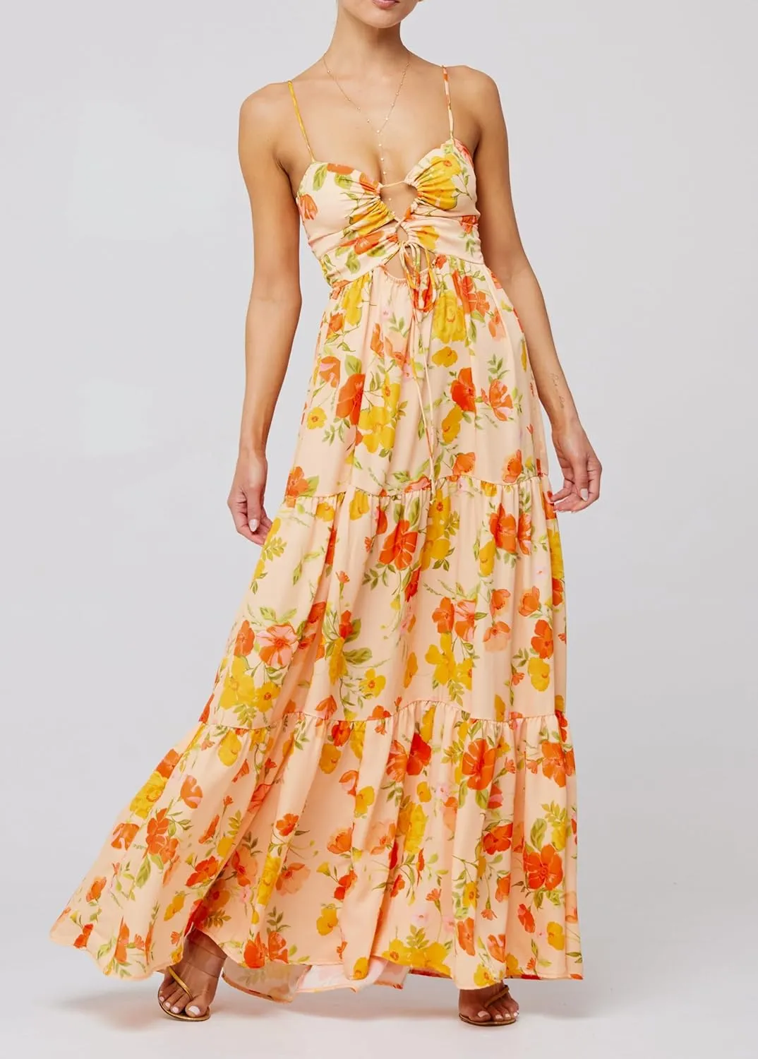UAURORAO Women Tie Front Floral Maxi Dress Spaghetti Strap V Neck Cut Out Long Dress with Bow Wedding Guest Party Gown