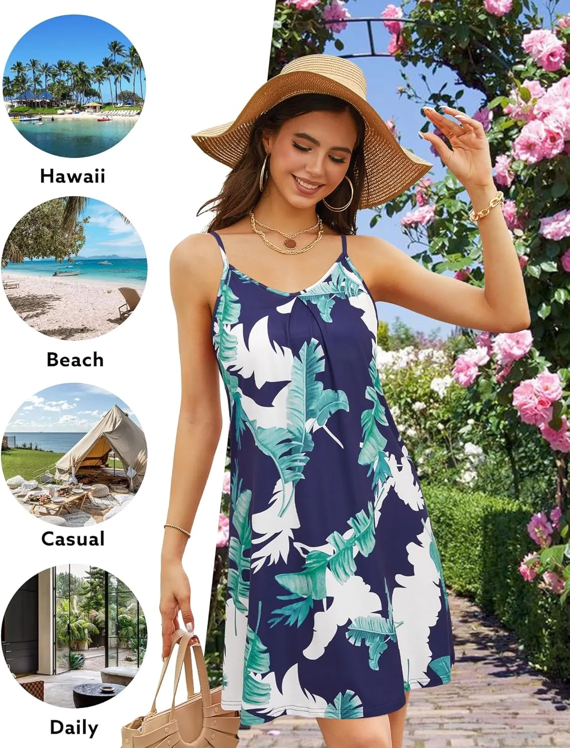 ULTRANICE Women's 2024 Summer Casual Beach Dresses Cover Ups Floral V Neck Spaghetti Strap Backless Mini Sun Dress