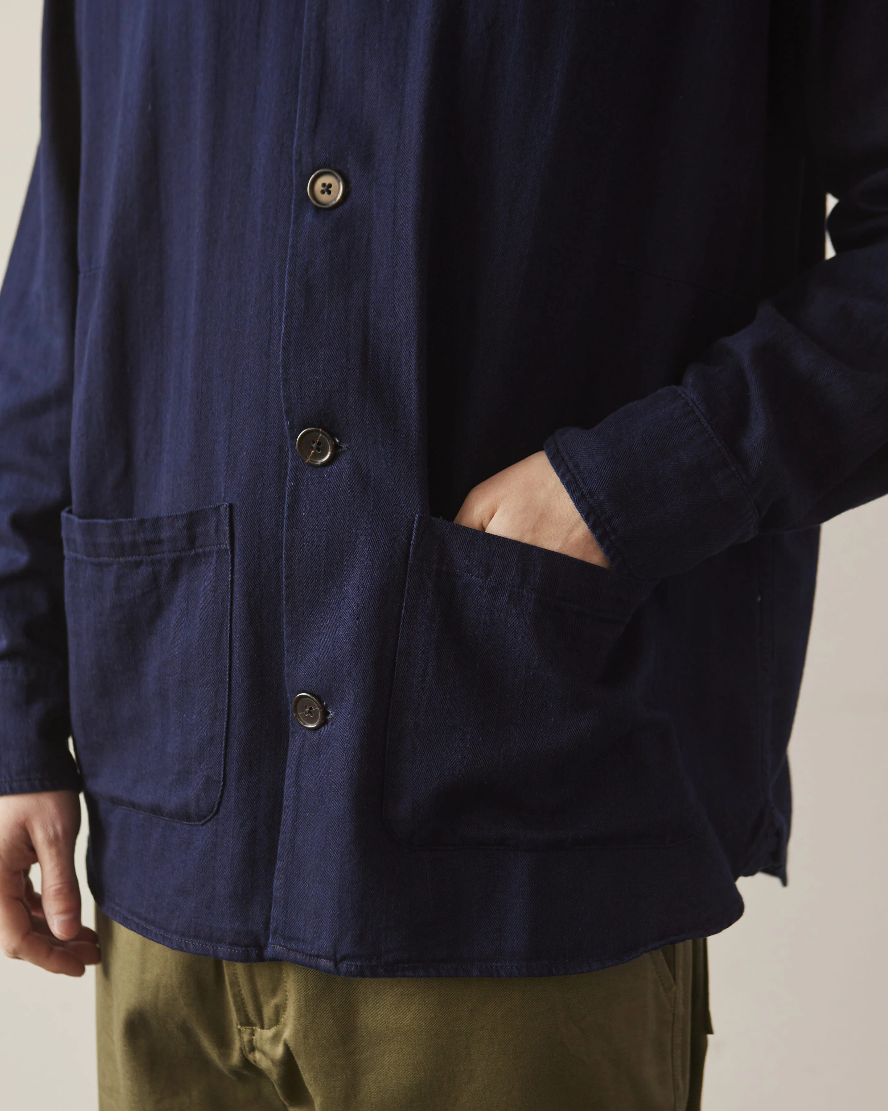 Universal Works Travail Overshirt, Indigo Herringbone Denim