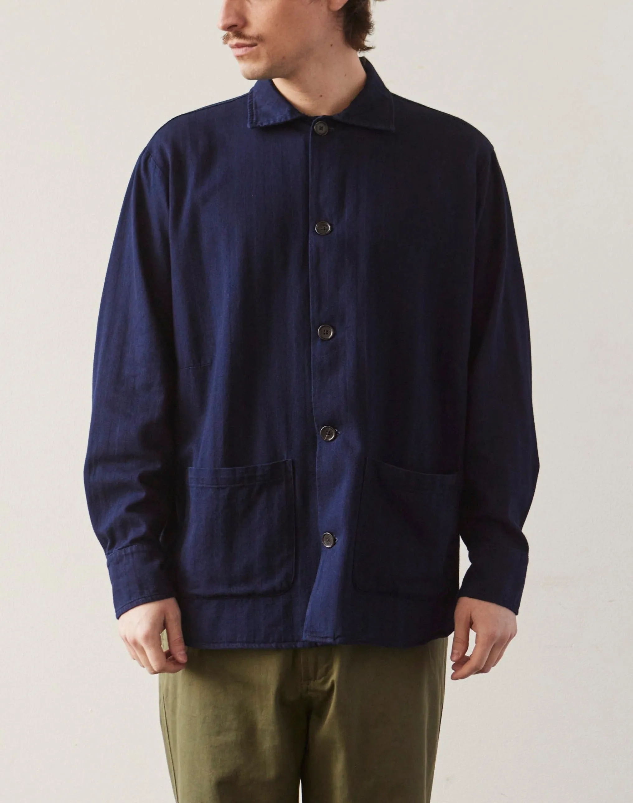 Universal Works Travail Overshirt, Indigo Herringbone Denim