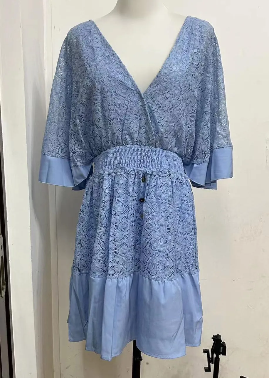 utcoco Womens 2025 Summer Beach Boho Mini Dress Flared Sleeve V Neck Hollow Out Lace Flowy A Line Dress