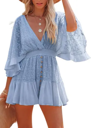 utcoco Womens 2025 Summer Beach Boho Mini Dress Flared Sleeve V Neck Hollow Out Lace Flowy A Line Dress