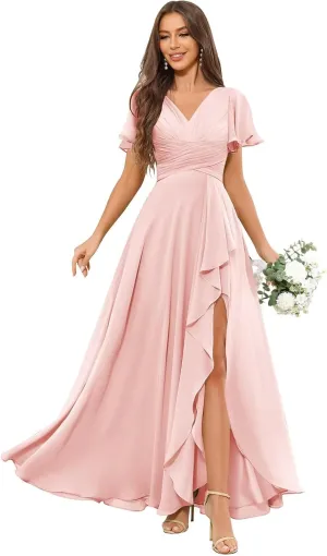 V Neck Bridesmaid Dresses for Women Short Sleeve Chiffon Pleated Ruffle Formal Party Dress