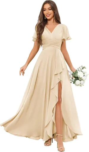 V Neck Bridesmaid Dresses for Women Short Sleeve Chiffon Pleated Ruffle Formal Party Dress