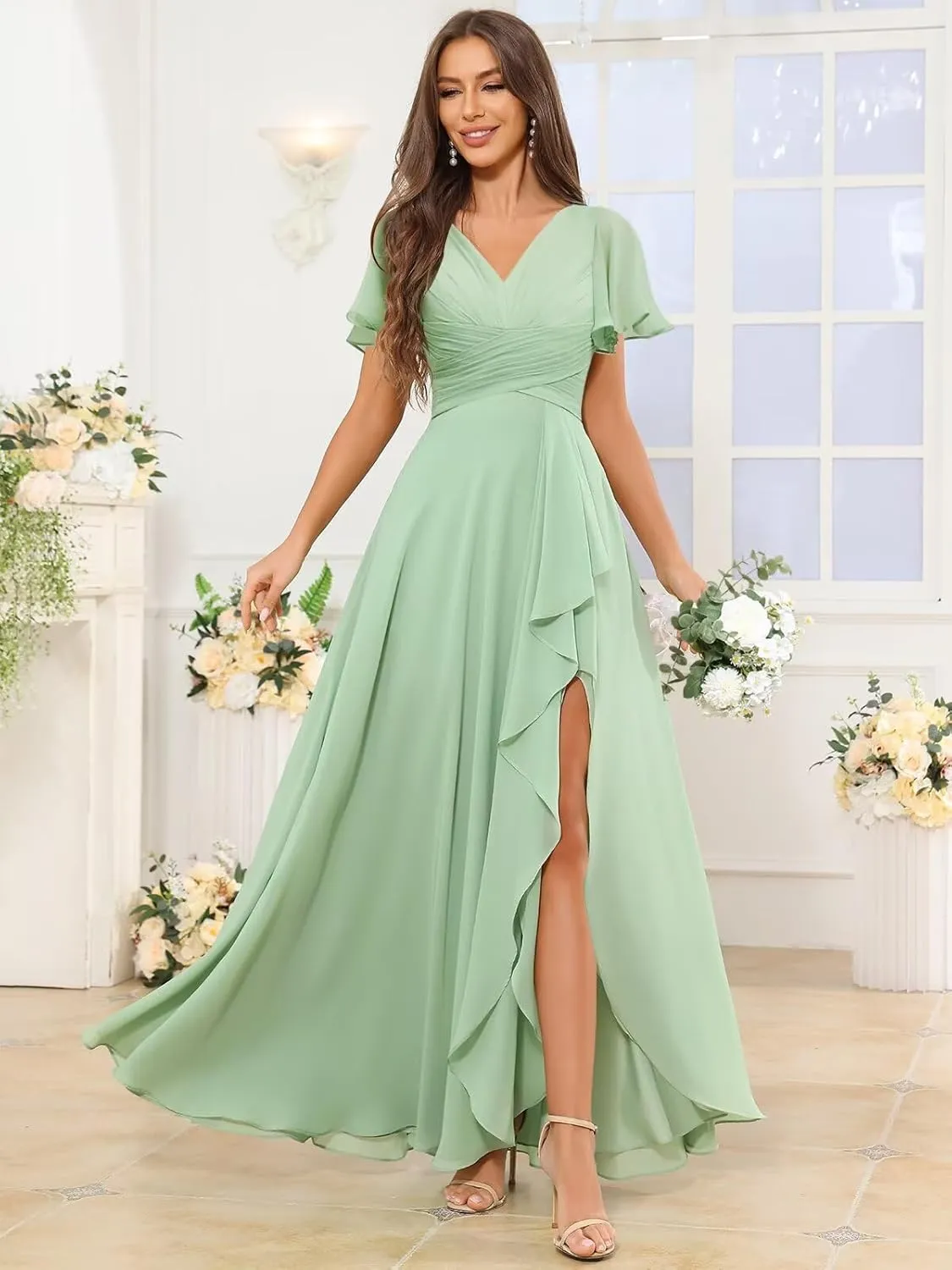 V Neck Bridesmaid Dresses for Women Short Sleeve Chiffon Pleated Ruffle Formal Party Dress