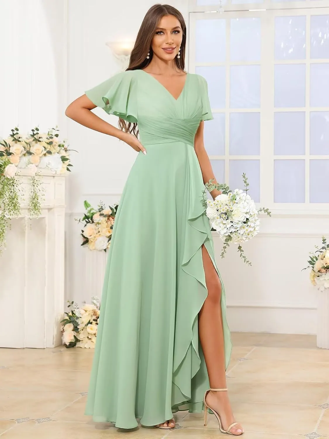 V Neck Bridesmaid Dresses for Women Short Sleeve Chiffon Pleated Ruffle Formal Party Dress