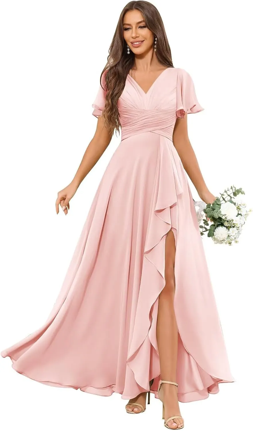 V Neck Bridesmaid Dresses for Women Short Sleeve Chiffon Pleated Ruffle Formal Party Dress