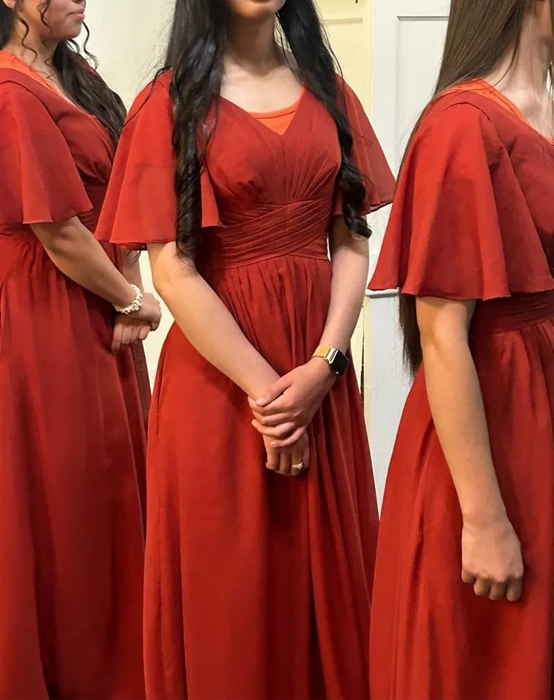 V Neck Bridesmaid Dresses for Women with Pockets Chiffon Elegant Floor Length Chiffon Formal Dress with Slit