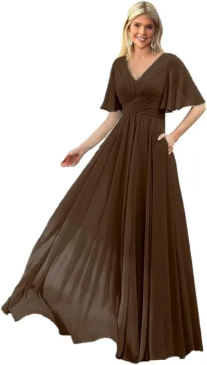 V Neck Bridesmaid Dresses for Women with Pockets Chiffon Elegant Floor Length Chiffon Formal Dress with Slit