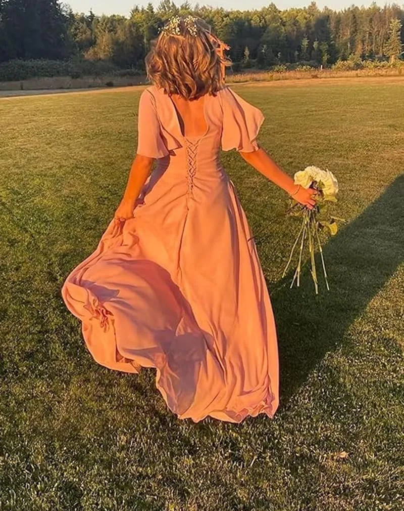 V Neck Bridesmaid Dresses for Women with Pockets Chiffon Elegant Floor Length Chiffon Formal Dress with Slit