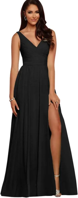 V Neck Bridesmaid Dresses Long Split Chiffon Pleated Wedding Evening Prom Gown for Women Black Size 14