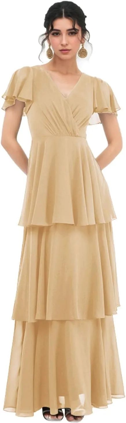 V Neck Chiffon Bridesmaid Dresses for Women Ruffle Sleeves Tiered Formal Dress Evening Gowns