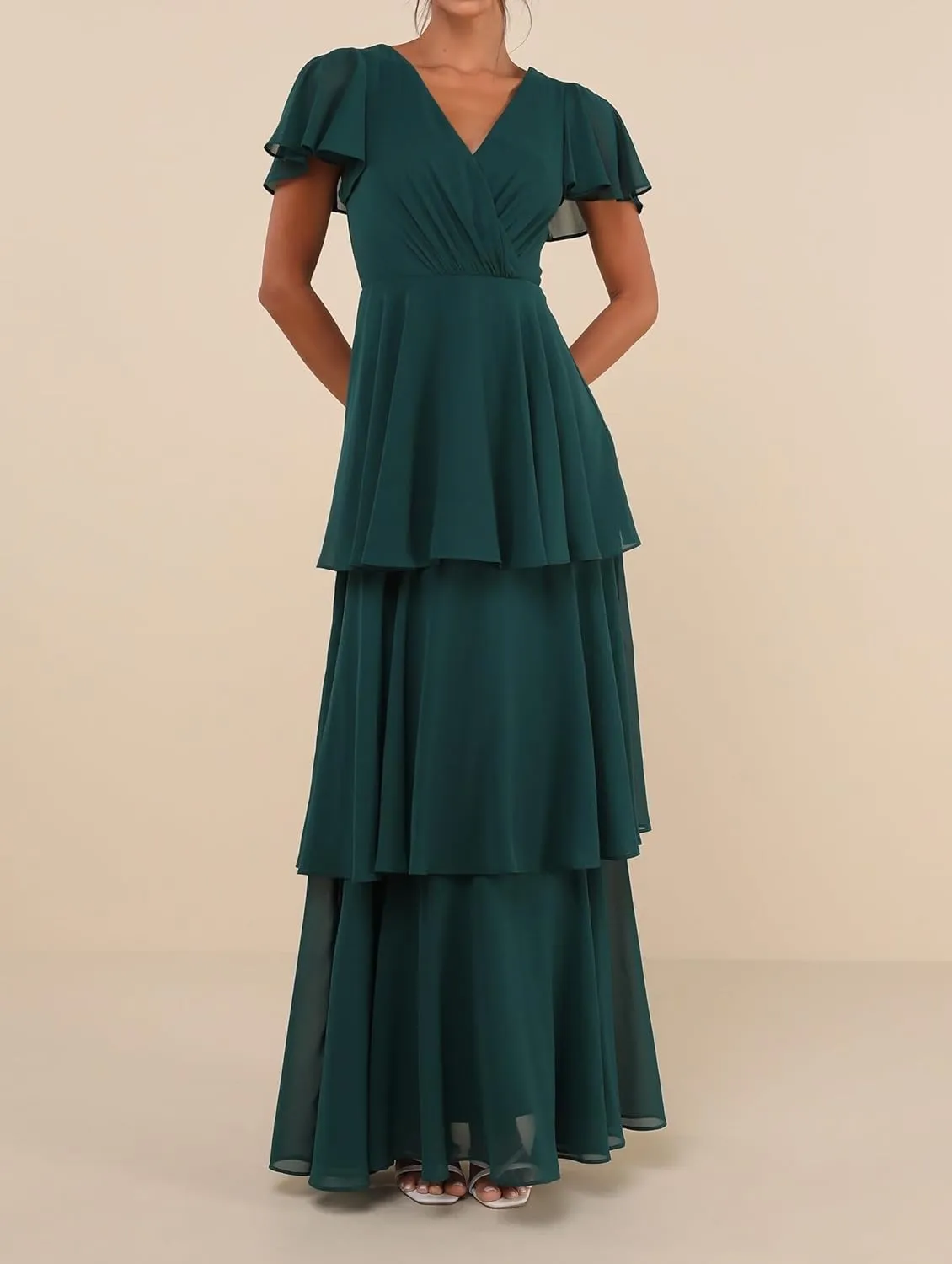 V Neck Chiffon Bridesmaid Dresses for Women Ruffle Sleeves Tiered Formal Dress Evening Gowns