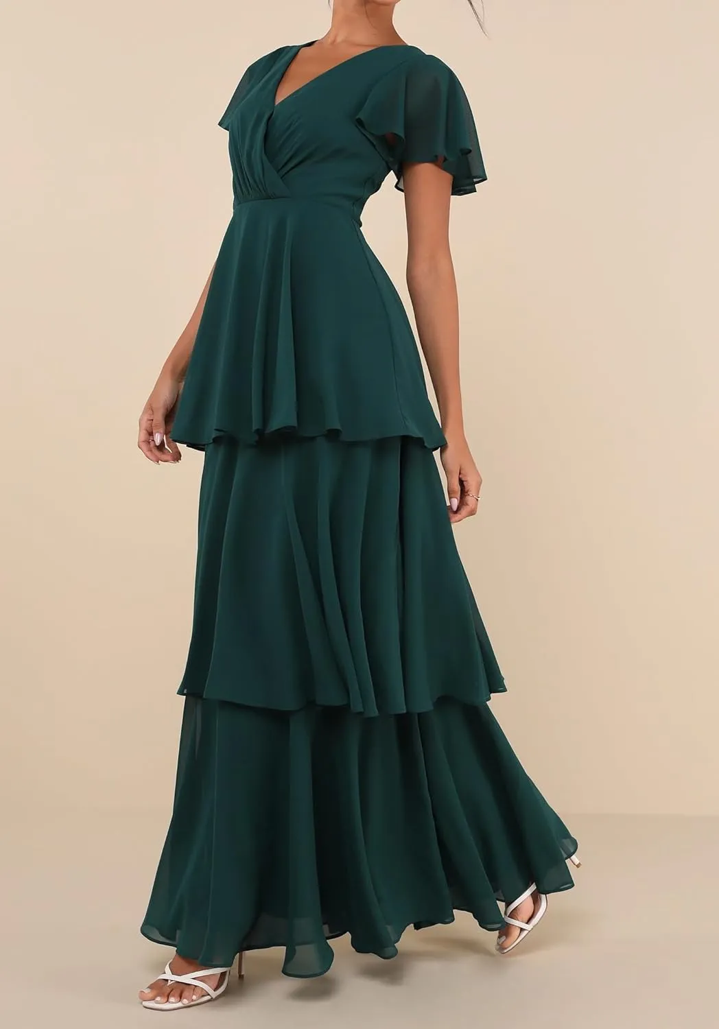 V Neck Chiffon Bridesmaid Dresses for Women Ruffle Sleeves Tiered Formal Dress Evening Gowns