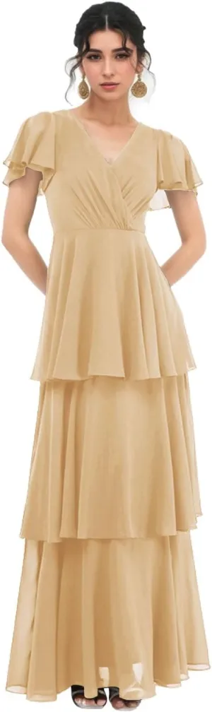 V Neck Chiffon Bridesmaid Dresses for Women Ruffle Sleeves Tiered Formal Dress Evening Gowns
