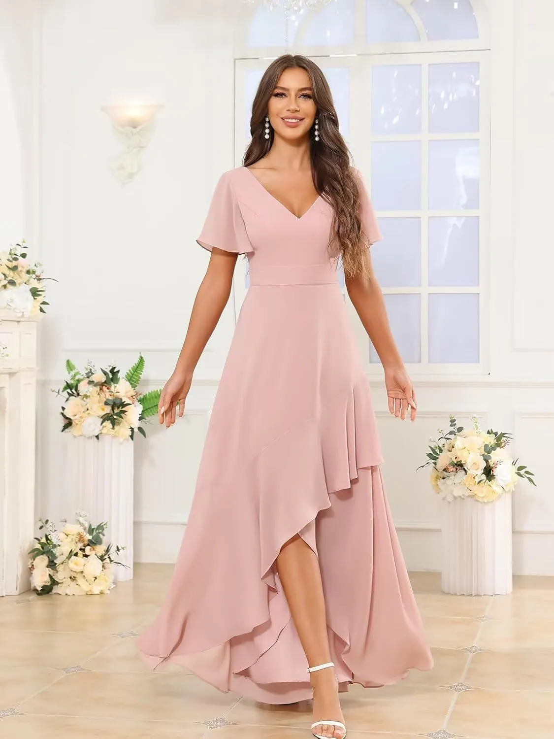 V Neck Chiffon Bridesmaid Dresses with Sleeves for Women Ruffle High Low Formal Wedding Guest Dress