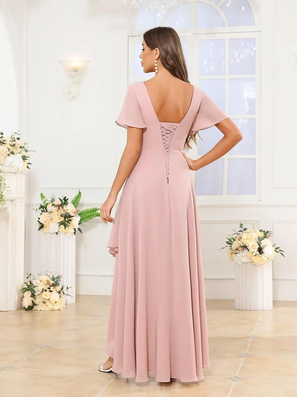 V Neck Chiffon Bridesmaid Dresses with Sleeves for Women Ruffle High Low Formal Wedding Guest Dress