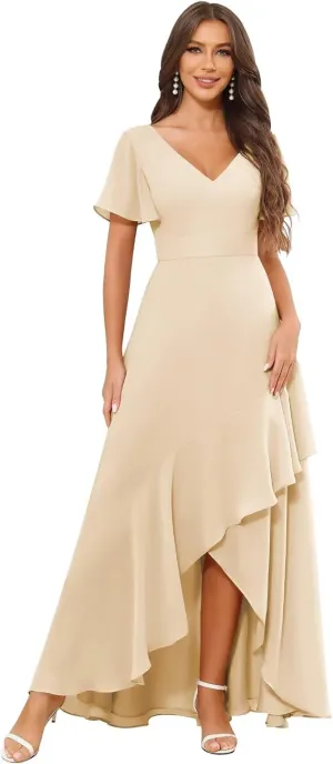 V Neck Chiffon Bridesmaid Dresses with Sleeves for Women Ruffle High Low Formal Wedding Guest Dress
