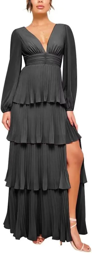 V Neck Long Sleeve Bridesmaid Dresses Ruffle Tiered Chiffon Formal Evening Dress with Slit