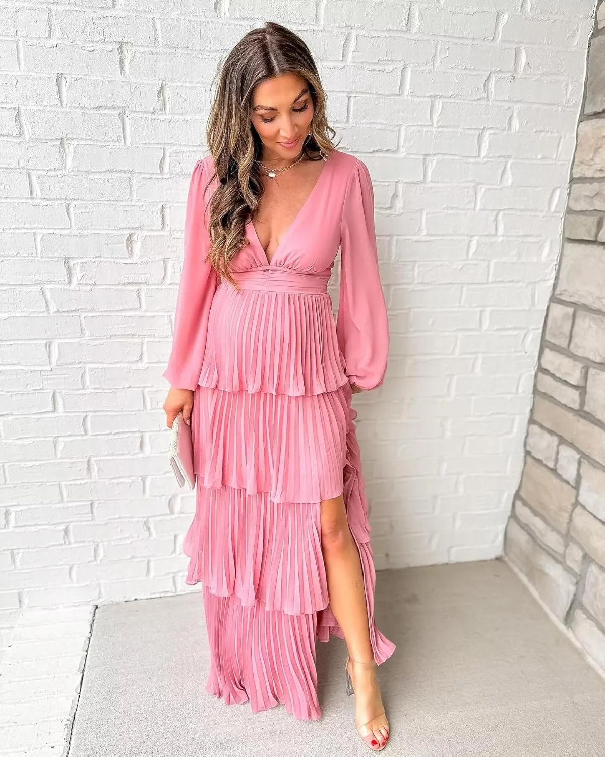 V Neck Long Sleeve Bridesmaid Dresses Ruffle Tiered Chiffon Formal Evening Dress with Slit