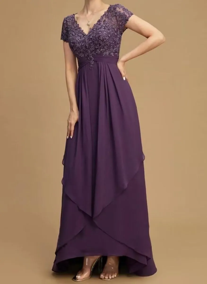 V Neck Mother of The Bride Dress Long for WomenWedding Guests Dresse Lace Appliques Chiffon Formal Evening Party Gowns