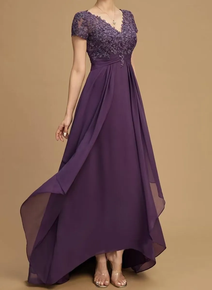 V Neck Mother of The Bride Dress Long for WomenWedding Guests Dresse Lace Appliques Chiffon Formal Evening Party Gowns