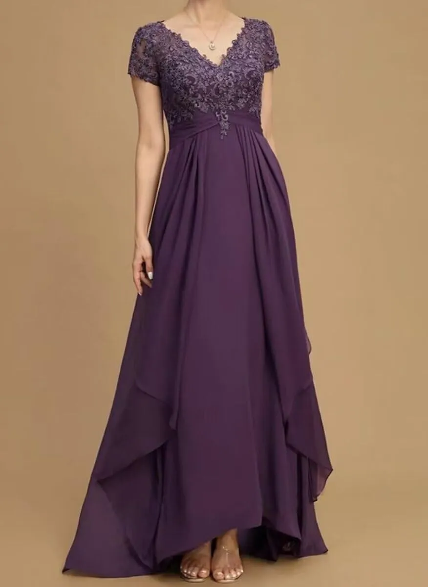 V Neck Mother of The Bride Dress Long for WomenWedding Guests Dresse Lace Appliques Chiffon Formal Evening Party Gowns