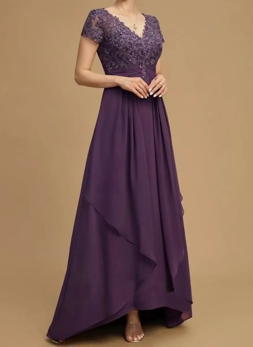 V Neck Mother of The Bride Dress Long for WomenWedding Guests Dresse Lace Appliques Chiffon Formal Evening Party Gowns