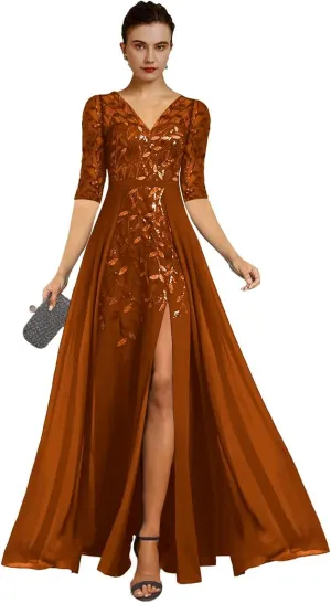 V Neck Mother of The Bride Dresses for Wedding A Line Long Formal Evening Dress with Sleeves