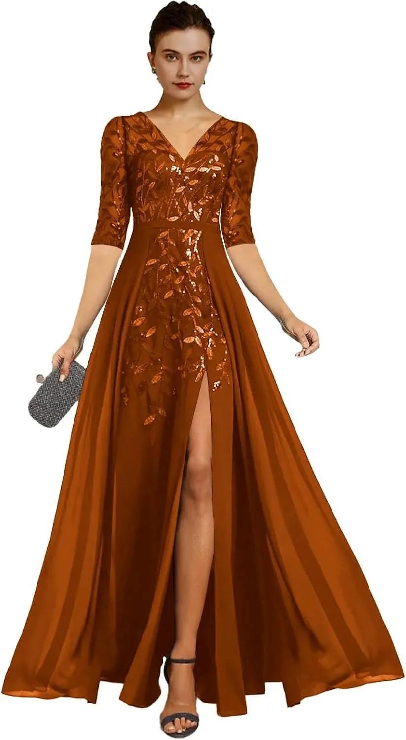 V Neck Mother of The Bride Dresses for Wedding A Line Long Formal Evening Dress with Sleeves