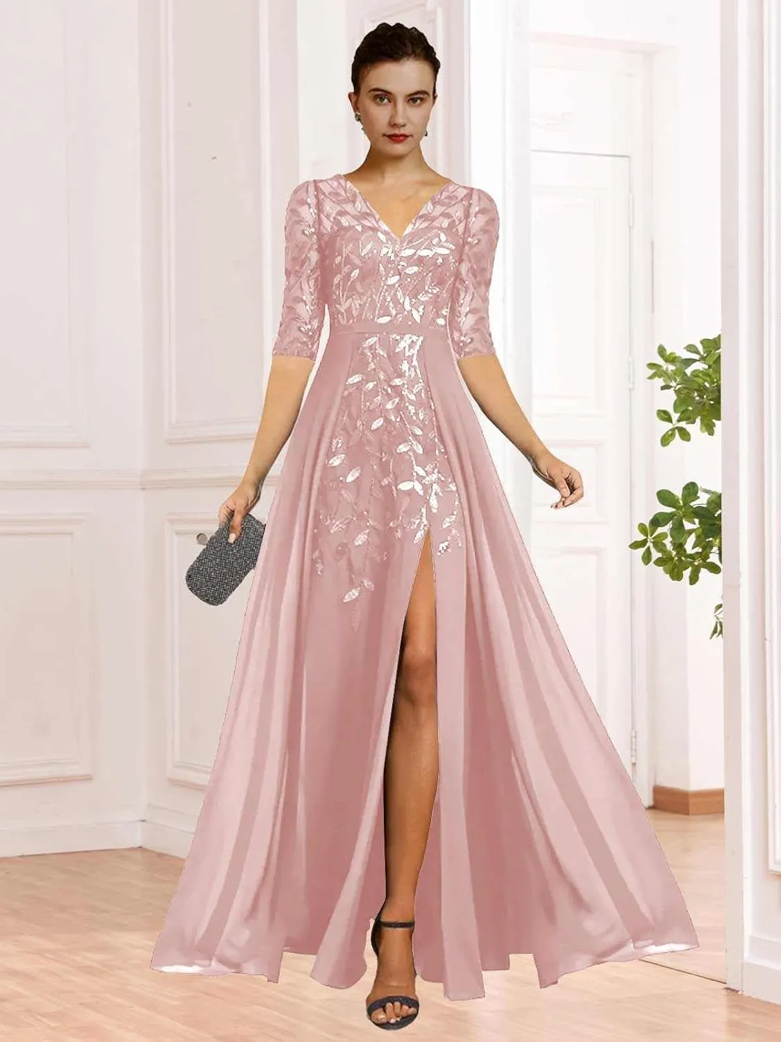 V Neck Mother of The Bride Dresses for Wedding A Line Long Formal Evening Dress with Sleeves